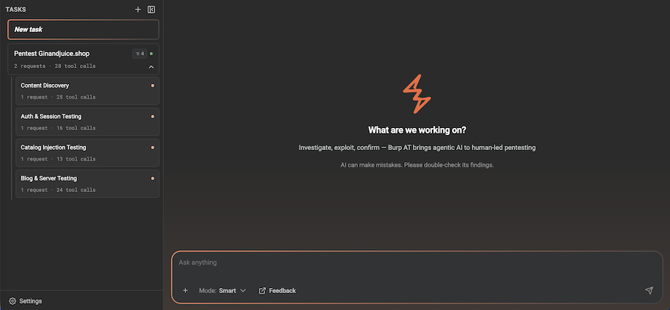 Burp AT, with the Tasks panel on the left and the conversation window on the right