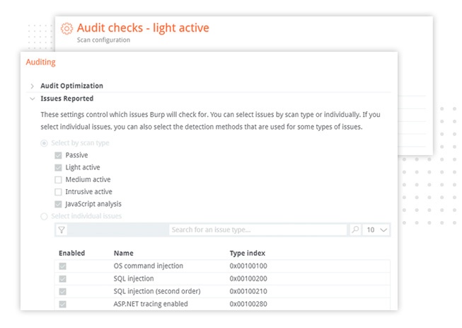 Screenshot of Burp Suite DAST scan config screen